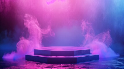 Podium background for promotional products surrounded by smoke fog mist cloud. Colorful neon lights. Empty studio scene for product advertising. Vibrant colors 3D render of display platform.