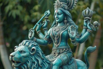 Fototapeta premium Deity Riding a Lion - Hindu Goddess Durga Statue. Fictional Character Created By Generated By Generated AI.
