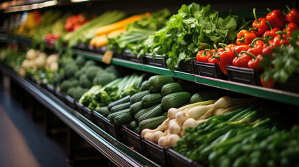 Supermarket aisle and Fresh vegetables on the shelf, with colorful shelves, diverse assortment of products. - obrazy, fototapety, plakaty