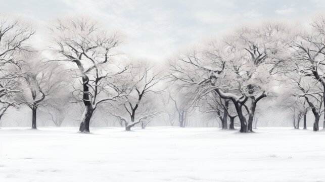 a black and white photo of a snowy field with trees foreground and a blue sky background.