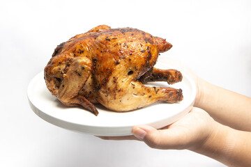 Hand holding a whole delicious roasted chicken seasoned with herbs in a white plate isolated on white background clipping path