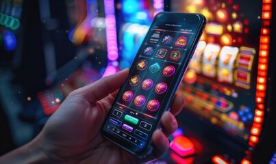 A gamer holding a mobile phone with online casino app interface, neon glowing - obrazy, fototapety, plakaty