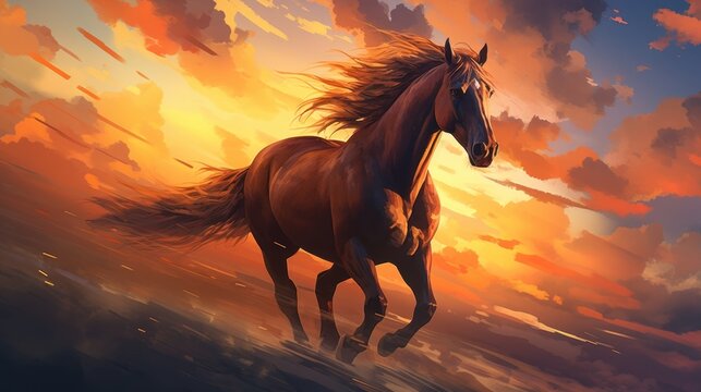 a painting of a horse running on a beach with a sunset background and clouds foreground.