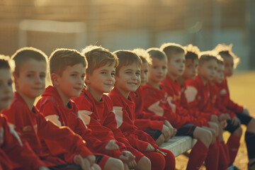 Happy little boys sitting on a soccer bench on a sunny day. Children in red soccer jerseys uniforms have fun during sports competitions. School kids as substitute players ready to play team game