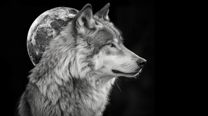 A night moment with a beautiful wolf in the background, the full moon is shining. Generative AI
