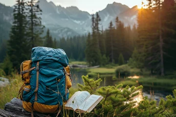  A serene outdoor scene featuring a backpack and an open book resting against a tree with a mountainous backdrop at sunset. © Александр Марченко