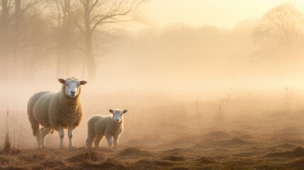 Fototapeta premium a couple of sheep standing next to each other in a field on a foggy day with trees in the background.