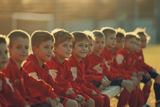 Happy little boys sitting on a soccer bench on a sunny day. Children in red soccer jerseys uniforms have fun during sports competitions. School kids as substitute players ready to play team game