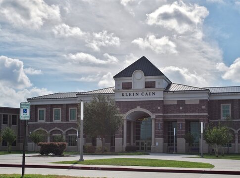Klein Cain High School building exterior in Klein, TX USA on 09-24-2023 front view. Senior high school education campus founded in 2017.