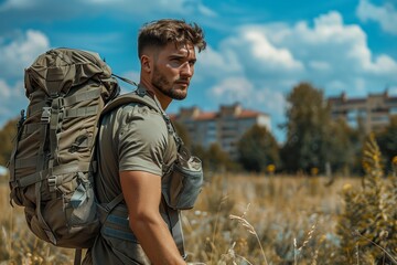 Portrait of happy smiling tourist man 30-35 years old with backpack hiking in national park. Yong man doing endurance hiking in the nature conditions. Rucking workout at the outdoor
