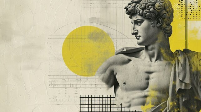 Antique statue of roman or greek culture. Vintage renaissance head halftone male sculpture, abstract ancient classic collage. Creative portrait. AI generated