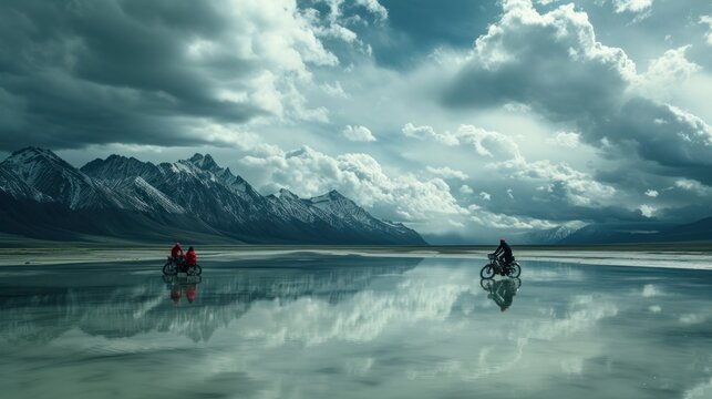 a couple of people riding on of a bike across a large body of water with mountains in ground.