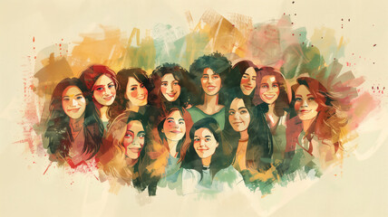 Happy Women's Group Celebrating International Women’s Day Together, Watercolor Style Illustration Created by Generative AI