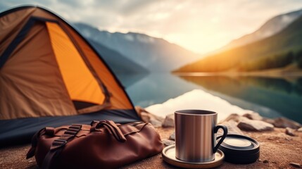 Drinks and camping concept,cup of coffee on camping tent in the mountains 