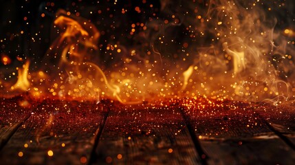 Fire flames on wooden table edges with sparks and smoke against a dark background. Copy space included.