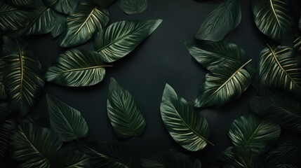 dark green and gold background with tropical leaves 