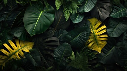 dark green and gold background with tropical leaves 
