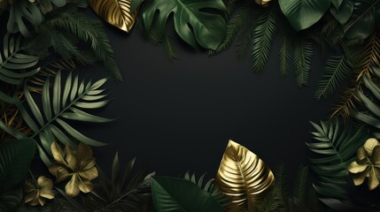 Fototapeta na wymiar dark green and gold background with tropical leaves 