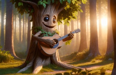 a friendly tree character playing the guitar