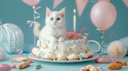 Birthday cat celebration. Adorable cat with birthday cake