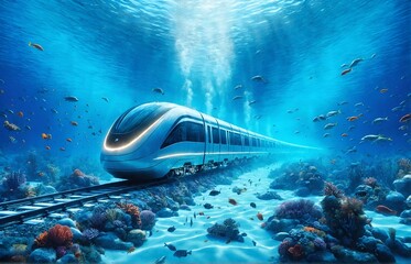 a train traveling underwater - obrazy, fototapety, plakaty