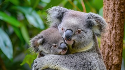 two koalas cuddle together in a tree in a zoo enclosure, one of them is holding the other.
