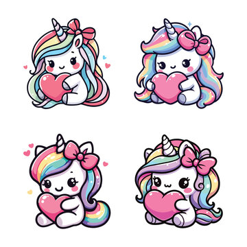Cute cartoon characters of a little unicorn with bright rainbow fur colors hugs a red heart. cartoon illustration on a white background.