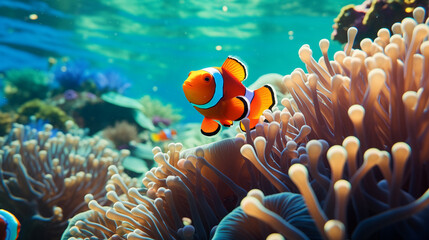 Obraz na płótnie Canvas Clownfish Swimming Amongst Coral Reefs. Generative AI.