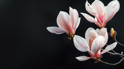 Magnolia flowers against a dark background in their natural setting.