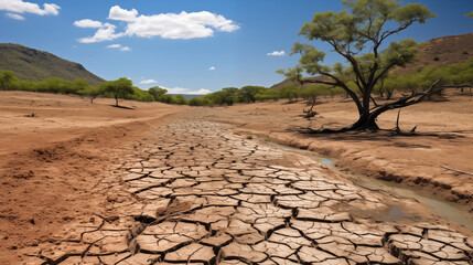 Dry and Cracked Earth due to Drought. Generative AI. - obrazy, fototapety, plakaty