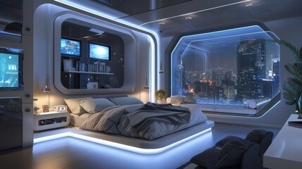 Obraz premium Futuristic Bedroom with Digital Photo Frames