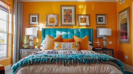 Vibrant Bedroom with Eclectic Photo Frames