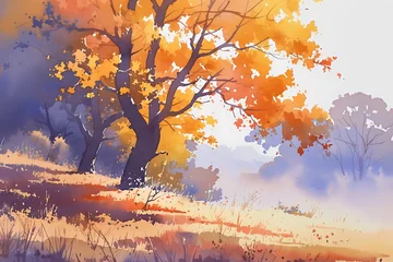 Gardinen Watercolor landscape with a trees and foggy meadow. Autumn illustration for interior or seasonal travel guidebook. Design for a countryside retreat during the fall season.  © NeuroCake