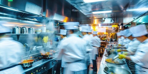 Group of chefs cooking in a large restaurant kitchen, motion blurred effect