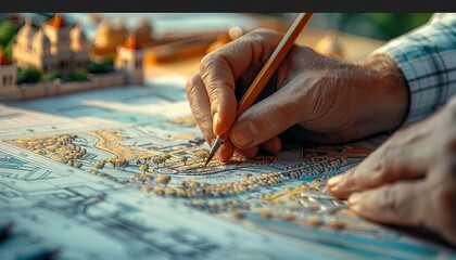 Obraz premium Tourism Development Blueprinting, blueprinting for tourism development projects with an image featuring tourism planners and developers designing resorts, AI