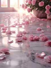 A bouquet of pink roses sits on a marble floor decorated with rose petals.
