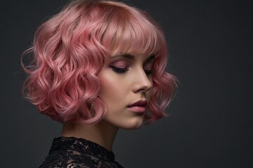 Beautiful young caucasian woman with short curly bob hairstyle dyed in pink color with closed eyes against dark gray background with copy space.