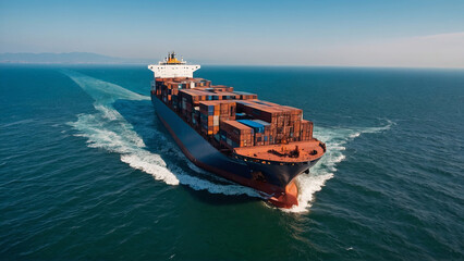 Aerial view container cargo ship, import export commerce business trade logistic and transportation of International by container cargo ship boat in the open sea, Freight shipping maritime.