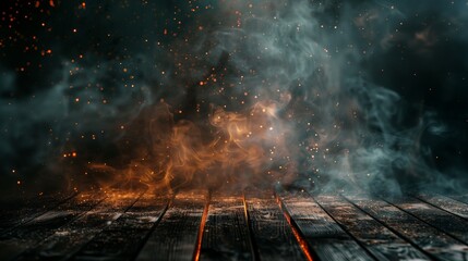 Smoke fumes at the edges of a wooden table with fire particles and sparks against a dark background. Copy space.
