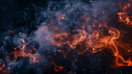 Smoke fumes at the edges with fiery particles and sparks against a dark background. Copy space.