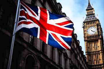 City of London flag background. London Big Ben, Elizabeth tower in England and flag of Great Britain, United Kingdom. Flag of England and the United Kingdom, UK. Great Clock and Union Jack of England - obrazy, fototapety, plakaty