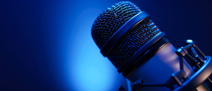 Close up of modern blue microphone on blue background. Poster or flyer with copy space. Generative ai.