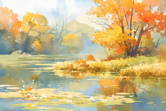 Watercolor illustration of autumn landscape with river. Art print for a seasonal home decor, calendar image for the month of October.