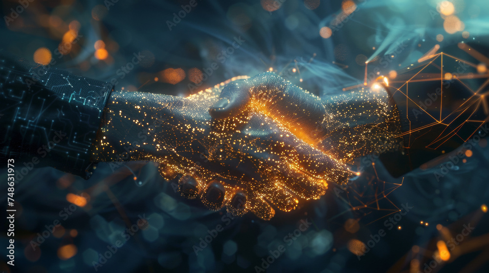 Wall mural handshake between digital partners. digital twins and artificial intelligence processes for computer