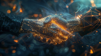 Handshake between digital partners. Digital twins and artificial intelligence processes for computer-aided manufacturing. - obrazy, fototapety, plakaty