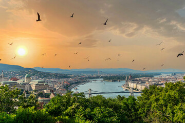 City ​​of Budapest. Urban landscape panorama with chain bridge over the Danube, old buildings and opera domes. Hungary