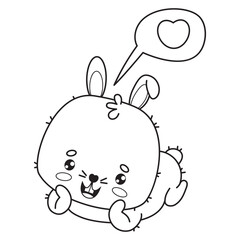 Funny outline enamored lying rabbit with heart. Cute happy kawaii animal character. Vector illustration. Line drawing, coloring book. Kids collection