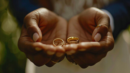 The bride and groom hold gold rings in their hands