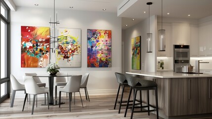 Modern Art Paintings in Chic Kitchen