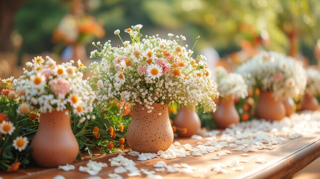 A lot of white flowers in a clay pots on the table in the garden. Wedding festive decoration, cozy decor for a caffe, summer country rustic design. Decor for family photo, poster, wallpaper